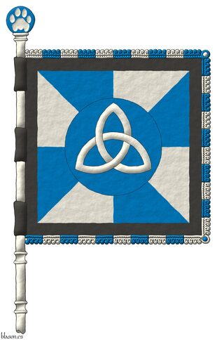 Escudo gironado de azur y plata, un roel de azur, cargado de una triquetra de plata; una bordura de sable.