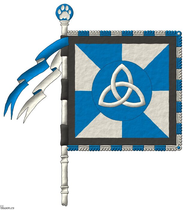 Escudo gironado de azur y plata, un roel de azur, cargado de una triquetra de plata; una bordura de sable.