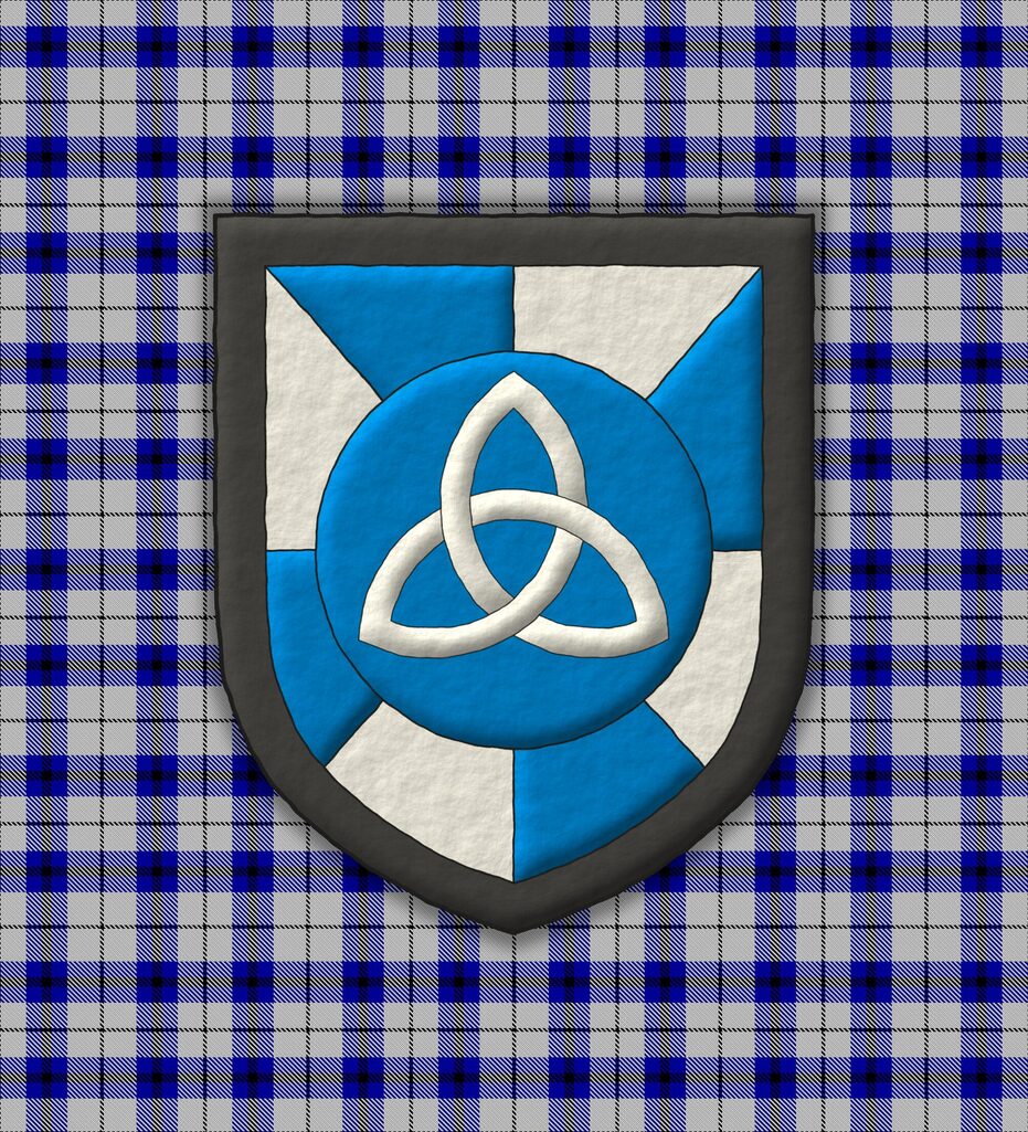 Escudo gironado de azur y plata, un roel de azur, cargado de una triquetra de plata; una bordura de sable.