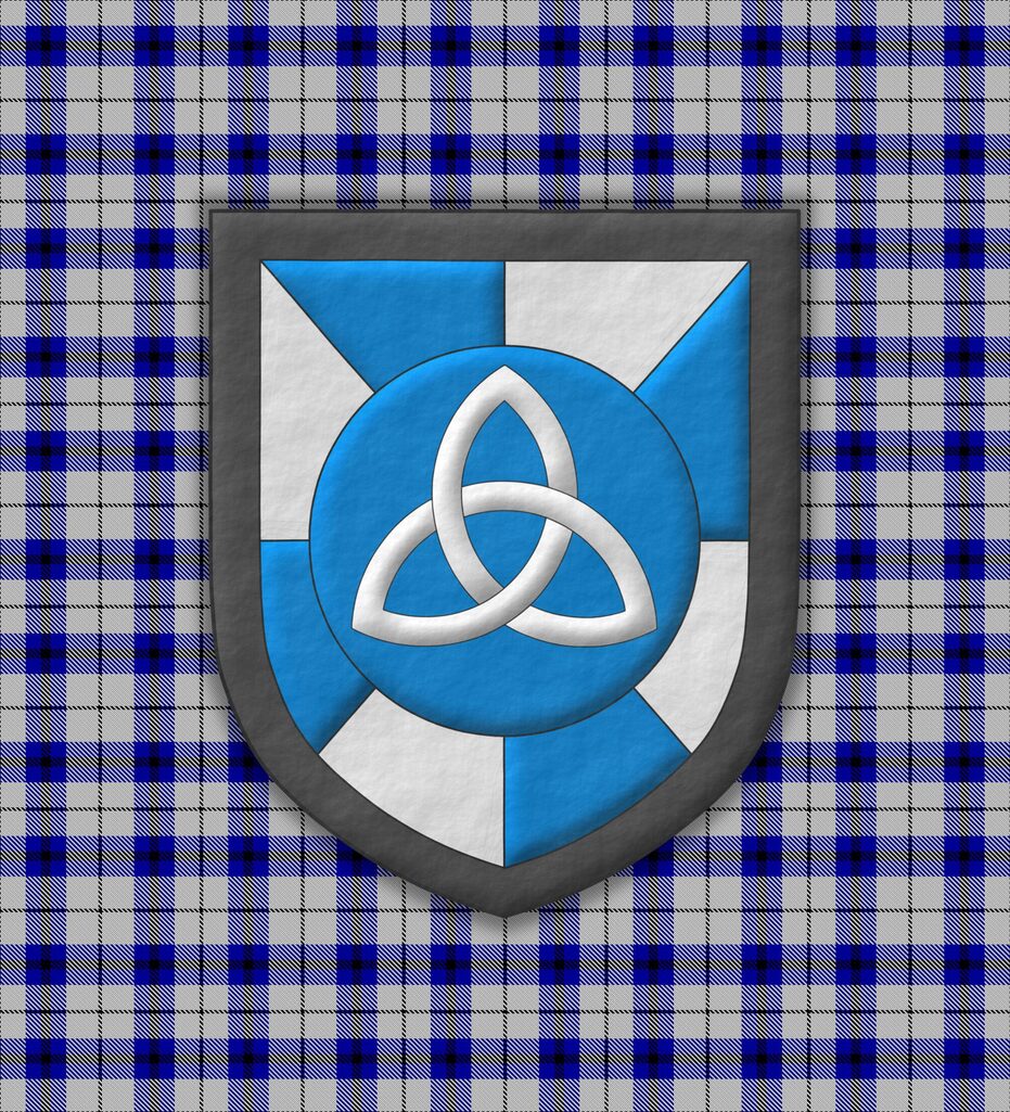 Gyronny Azure and Argent, on a hurt, a triquetra Argent; a bordure Sable.