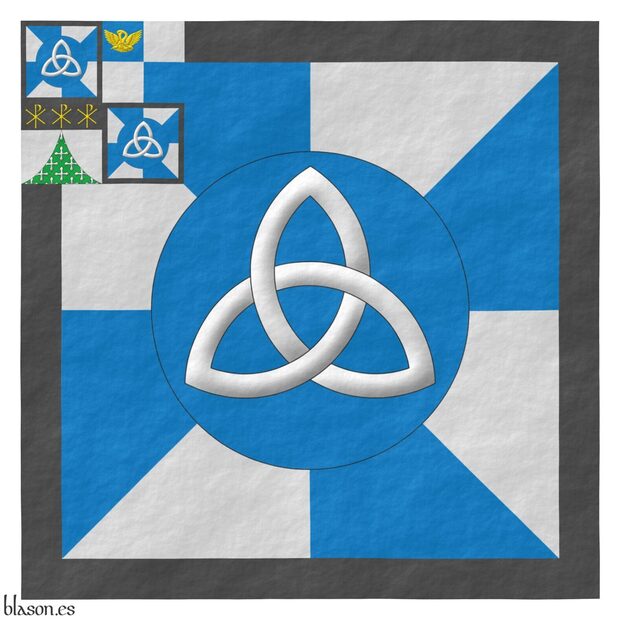 Gyronny Azure and Argent, on a hurt, a triquetra Argent; a bordure Sable; a canton quarterly: 1 and 4 gyronny Azure and Argent, on a hurt, a triquetra Argent; a bordure Sable; 2 quarterly Azure and Argent, in the 1<sup>st</sup> quarter, a pelican in her piety Or; 3 Argent chap� ploy� Vert sem� of crosses clechy Argent, on a chief Sable, three Chi Rho symbols Or.