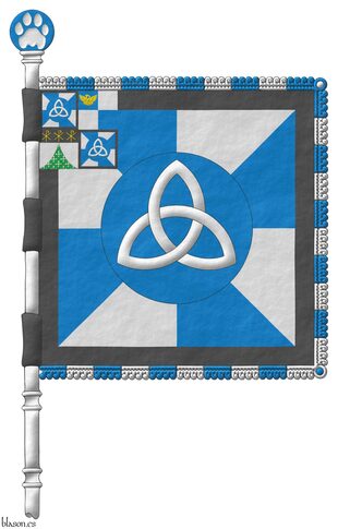 Gyronny Azure and Argent, on a hurt, a triquetra Argent; a bordure Sable; a canton quarterly: 1 and 4 gyronny Azure and Argent, on a hurt, a triquetra Argent; a bordure Sable; 2 quarterly Azure and Argent, in the 1<sup>st</sup> quarter, a pelican in her piety Or; 3 Argent chap� ploy� Vert sem� of crosses clechy Argent, on a chief Sable, three Chi Rho symbols Or.