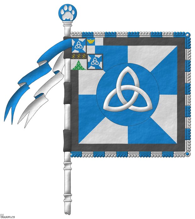Gyronny Azure and Argent, on a hurt, a triquetra Argent; a bordure Sable; a canton quarterly: 1 and 4 gyronny Azure and Argent, on a hurt, a triquetra Argent; a bordure Sable; 2 quarterly Azure and Argent, in the 1<sup>st</sup> quarter, a pelican in her piety Or; 3 Argent chap� ploy� Vert sem� of crosses clechy Argent, on a chief Sable, three Chi Rho symbols Or.