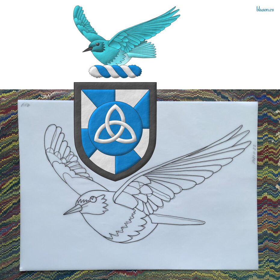 Gyronny Azure and Argent, on a hurt, a triquetra Argent; a bordure Sable. Crest: Upon a wreath Argent and Azure, a mountain bluebird (Sialia currucoides) volant proper.
