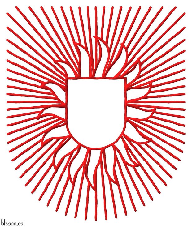 Emblem, an inescutcheon, enflamed in orle of sixteen points and irradiated throughout of sixty-four lines Gules.