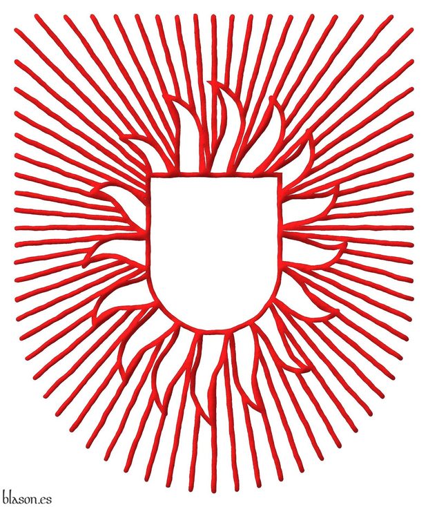 Emblem, an inescutcheon, enflamed in orle of sixteen points and irradiated throughout of sixty-four lines Gules.