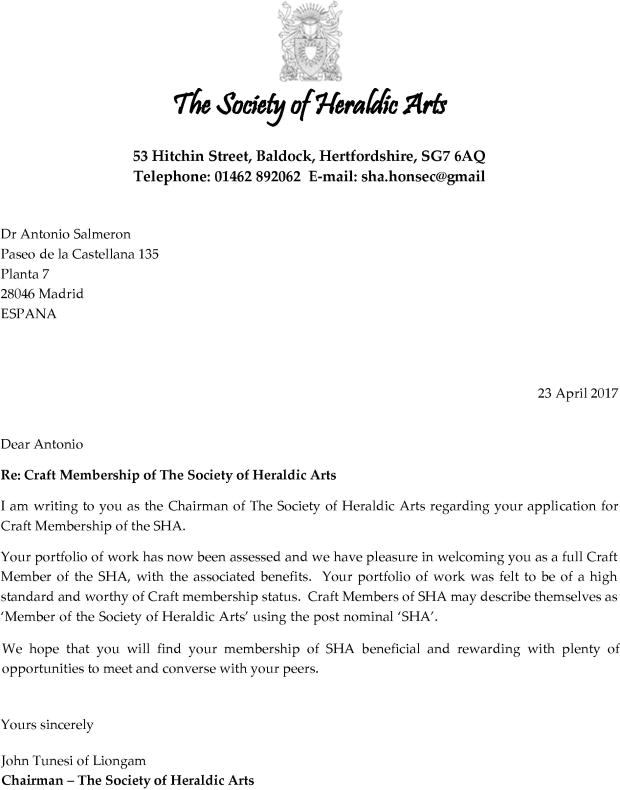 Society of Heraldic Arts, carta de nombramiento como artista heráldico