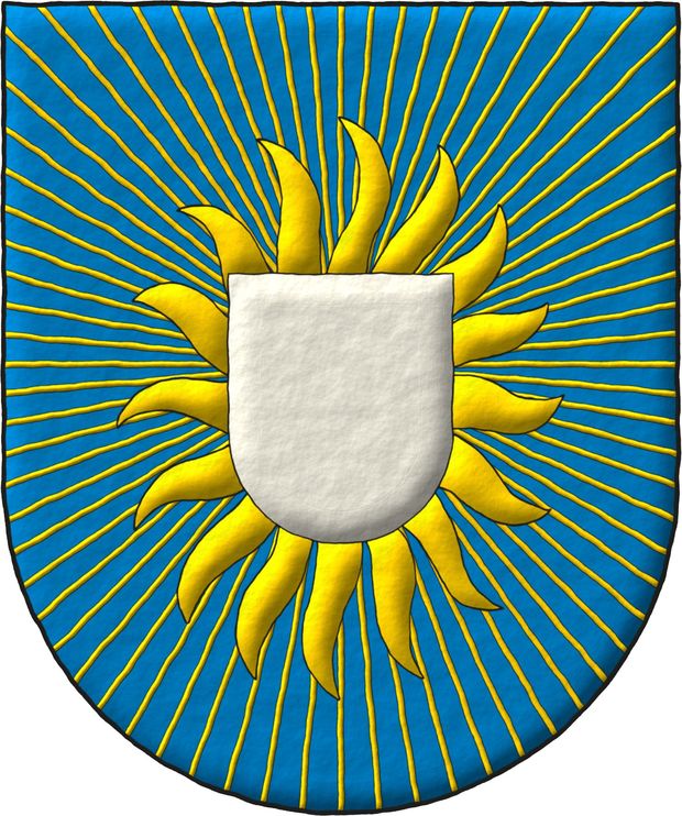 Escudo de azur, un escusn de plata, llameante en orla de dieciseis llamas y radiante de sesenta y cuatro lneas movientes todas de oro.