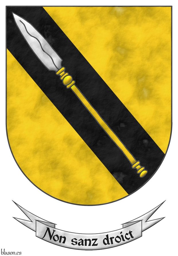 Escudo de oro, una banda de sable, cargada de una lanza de plata, fustada oro. Lema: «Non sanz droict».