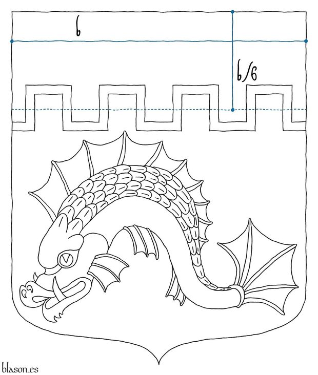 Escudo de sable, un delfn nadante de oro; un jefe almenado de sinople y perfilado de oro.