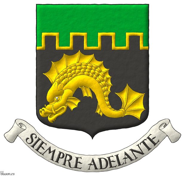 Escudo de sable, un delfn nadante de oro; un jefe almenado de sinople y perfilado de oro. Lema: Siempre Adelante.