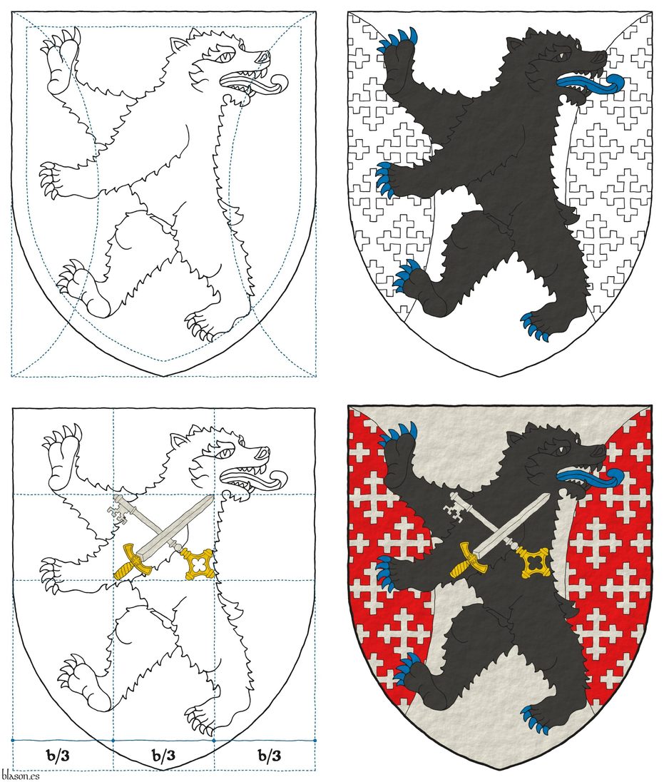 Argent, flanched Gules crusilly of cross-crosslets Argent, overall a bear rampant regardant Sable, armed and langued Azure, charged with a key and a sword in saltire Argent, hilted Or, the key debruised by the sword.