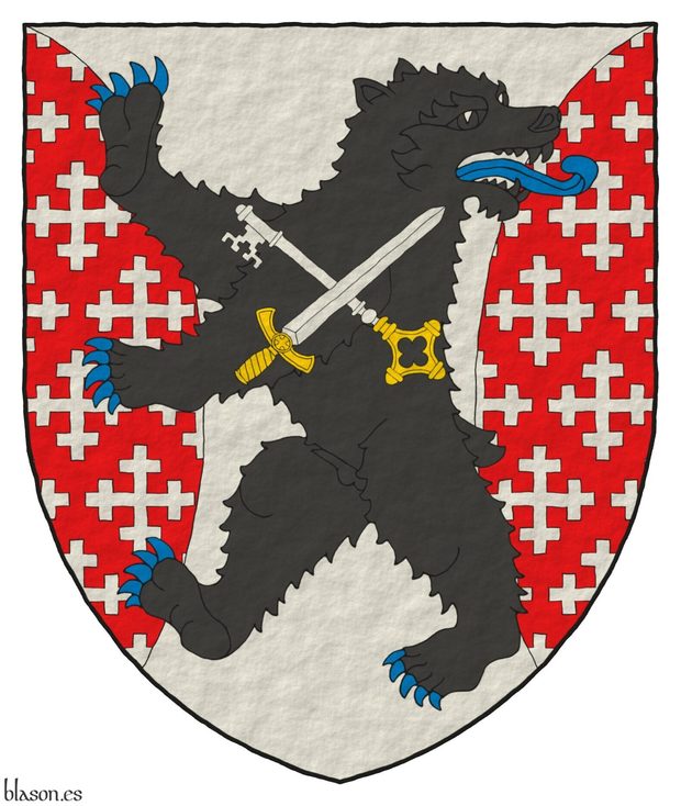 Argent, flanched Gules crusilly of cross-crosslets Argent, overall a bear rampant regardant Sable, armed and langued Azure, charged with a key and a sword in saltire Argent, hilted Or, the key debruised by the sword.
