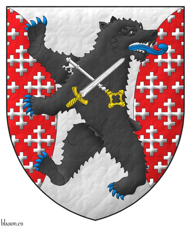Argent, flanched Gules crusilly of cross-crosslets Argent, overall a bear rampant regardant Sable, armed and langued Azure, charged with a key and a sword in saltire Argent, hilted Or, the key debruised by the sword.
