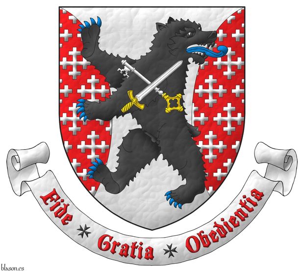 Argent, flanched Gules crusilly of cross-crosslets Argent, overall a bear rampant regardant Sable, armed and langued Azure, charged with a key and a sword in saltire Argent, hilted Or, the key debruised by the sword. Motto: Fide Gratia Obedientia Gules over a scroll Argent.