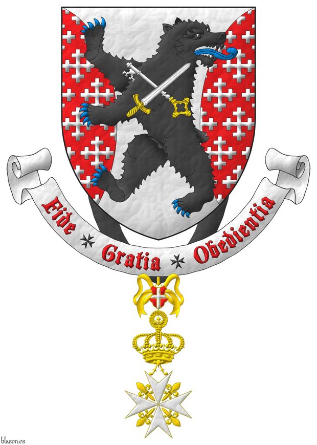 Argent, flanched Gules crusilly of cross-crosslets Argent, overall a bear rampant regardant Sable, armed and langued Azure, charged with a key and a sword in saltire Argent, hilted Or, the key debruised by the sword. Motto: Fide Gratia Obedientia Gules over a scroll Argent. Suspended from the shield the cross of Knight of Magistral Grace of the Sovereign Military Order of Malta.