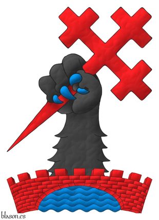 Issuant from a bridge, enarched, embattled Gules, masoned Sable above a river Azure, a bears forepaw Sable, armed Azure, grasping a cross crosslet fitchy bendwise sinister Gules.