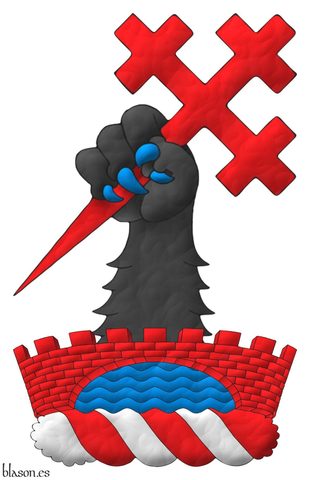 Upon a wreath Argent and Gules, issuant from a bridge, enarched, embattled Gules, masoned Sable above a river Azure, a bears forepaw Sable, armed Azure, grasping a cross crosslet fitchy bendwise sinister Gules.