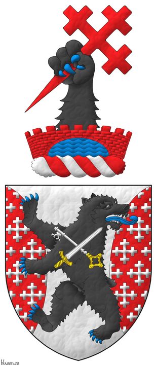 Argent, flanched Gules crusilly of cross-crosslets Argent, overall a bear rampant regardant Sable, armed and langued Azure, charged with a key and a sword in saltire Argent, hilted Or, the key debruised by the sword. Crest: Upon a wreath Argent and Gules, issuant from a bridge, enarched, embattled Gules, masoned Sable above a river Azure, a bears forepaw Sable, armed Azure, grasping a cross crosslet fitchy bendwise sinister Gules.