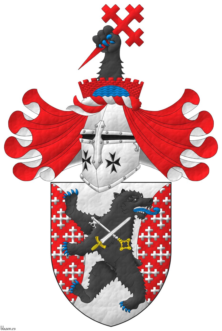 Argent, flanched Gules crusilly of cross-crosslets Argent, overall a bear rampant regardant Sable, armed and langued Azure, charged with a key and a sword in saltire Argent, hilted Or, the key debruised by the sword. Crest: Upon a helm with a wreath Argent and Gules, issuant from a bridge, enarched, embattled Gules, masoned Sable above a river Azure, a bears forepaw Sable, armed Azure, grasping a cross crosslet fitchy bendwise sinister Gules. Mantling: Gules doubled Argent.