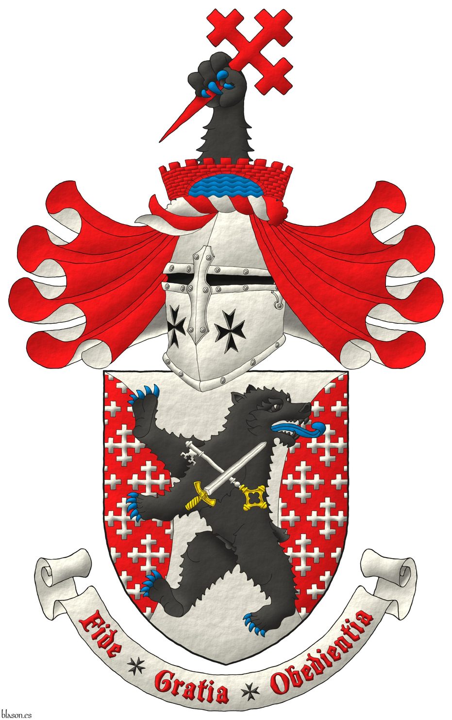 Escudo de plata, flanqueado curvo de gules sembrado de cruces recrucetadas de plata, brochante sobre el todo un oso rampante y contornado de sable, armado y lampasado de azur, cargado de una llave y una espada en sotuer de plata, ambas guarnecidas de oro y la llave resaltada de la espada. Timbrado de un yelmo adornado de dos lambrequines de gules doblados de plata, un burelete de plata y gules, cimado de un brazo de oso de sable, armado de azur, teniendo una cruz recruceteada, fijada, puesta en barra de gules, naciente de un puente arqueado, almenado de gules, mazonado de sable, sumado a un ro de azur. Lema: Fide Gratia Obedientia de gules sobre una filacteria de plata.