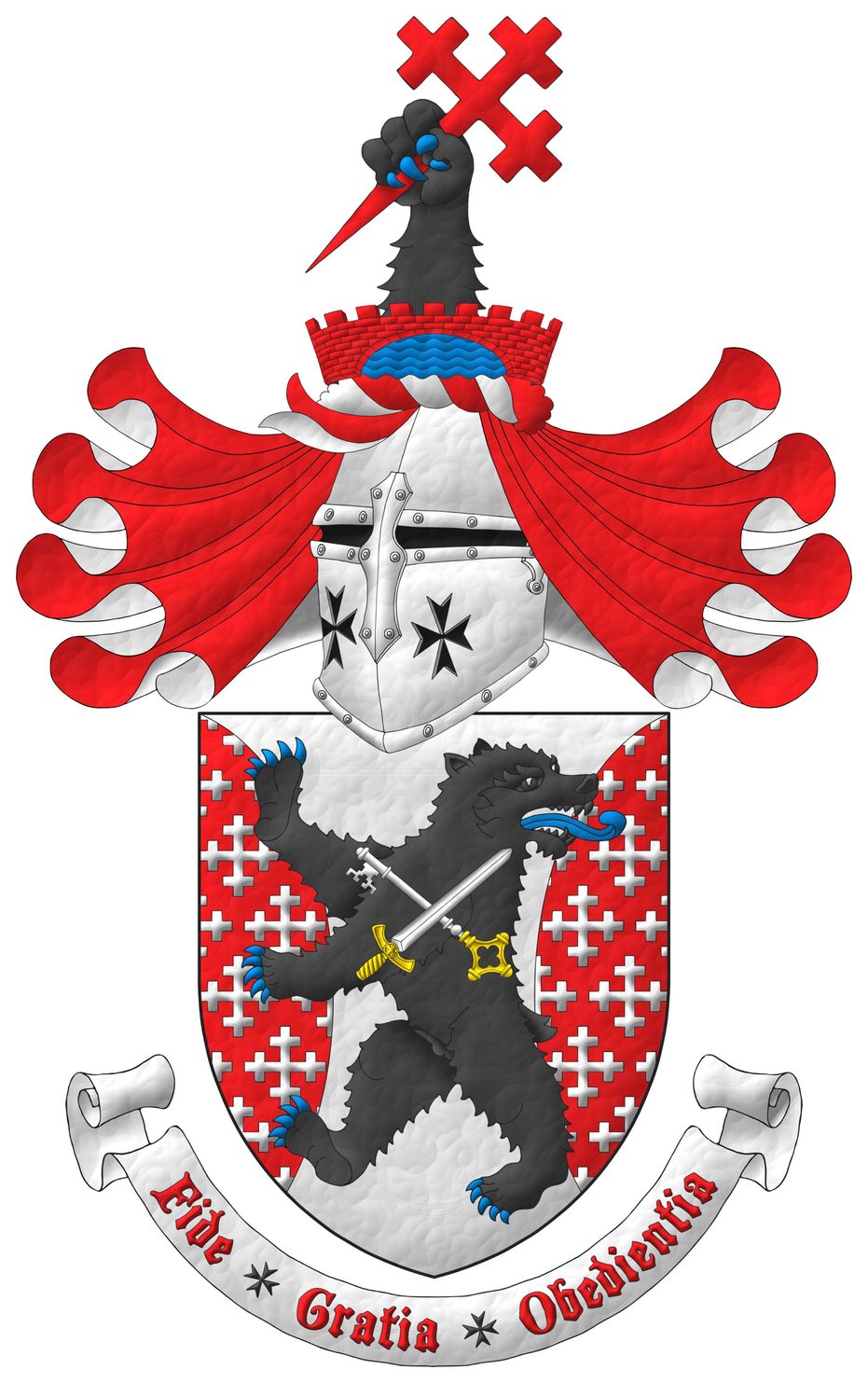 Argent, flanched Gules crusilly of cross-crosslets Argent, overall a bear rampant regardant Sable, armed and langued Azure, charged with a key and a sword in saltire Argent, hilted Or, the key debruised by the sword. Crest: Upon a helm with a wreath Argent and Gules, issuant from a bridge, enarched, embattled Gules, masoned Sable above a river Azure, a bears forepaw Sable, armed Azure, grasping a cross crosslet fitchy bendwise sinister Gules. Mantling: Gules doubled Argent. Motto: Fide Gratia Obedientia Gules over a scroll Argent.