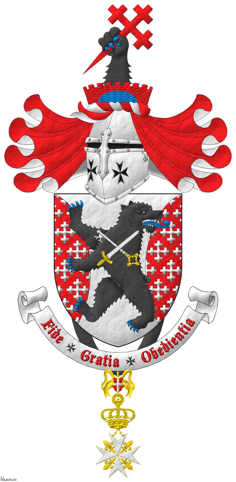 Argent, flanched Gules crusilly of cross-crosslets Argent, overall a bear rampant regardant Sable, armed and langued Azure, charged with a key and a sword in saltire Argent, hilted Or, the key debruised by the sword. Crest: Upon a helm with a wreath Argent and Gules, issuant from a bridge, enarched, embattled Gules, masoned Sable above a river Azure, a bears forepaw Sable, armed Azure, grasping a cross crosslet fitchy bendwise sinister Gules. Mantling: Gules doubled Argent. Motto: Fide Gratia Obedientia Gules over a scroll Argent. Suspended from the shield the cross of Knight of Magistral Grace of the Sovereign Military Order of Malta.