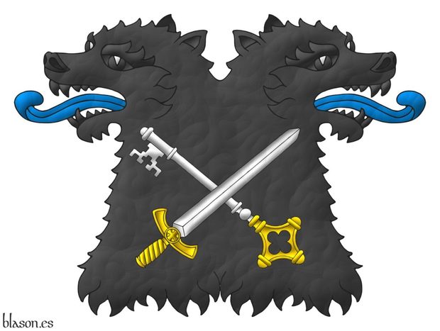 A double-headed bear erased Sable, langued Azure, charged with a key and a sword in saltire Argent, hilted Or, the key debruised by the sword.
