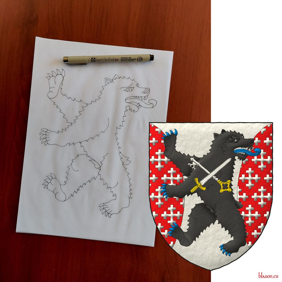 Argent, flanched Gules crusilly of cross-crosslets Argent, overall a bear rampant regardant Sable, armed and langued Azure, charged with a key and a sword in saltire Argent, hilted Or, the key debruised by the sword.