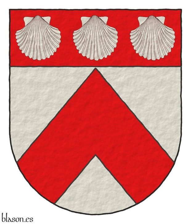 Escudo de plata: un cabrio de gules; el jefe de azur, tres veneras en faja de plata.