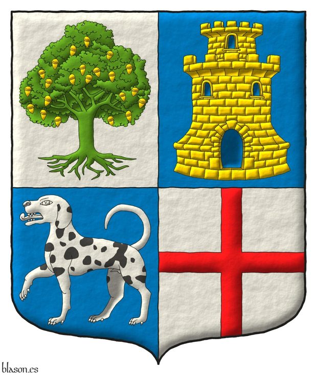 Escudo cuartelado: 1o de plata, una encina arrancada de sinople, frutada de oro, mazonado de sable; 2o de azur, una torre donjonada de oro, aclarada de azur; 3o de azur, un perro pasante de plata, moteado de sable; 4o de plata, una cruz de gules.