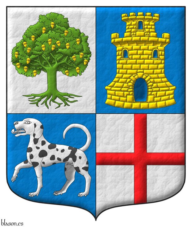 Quarterly: 1 Argent, an oak eradicated Vert, fructed Or; 2 Azure, a tower with a turret Or, port and windows Azure, masoned Sable; 3 Azure, a hound passant Argent, spotted Sable; 4 Argent, a cross Gules.
