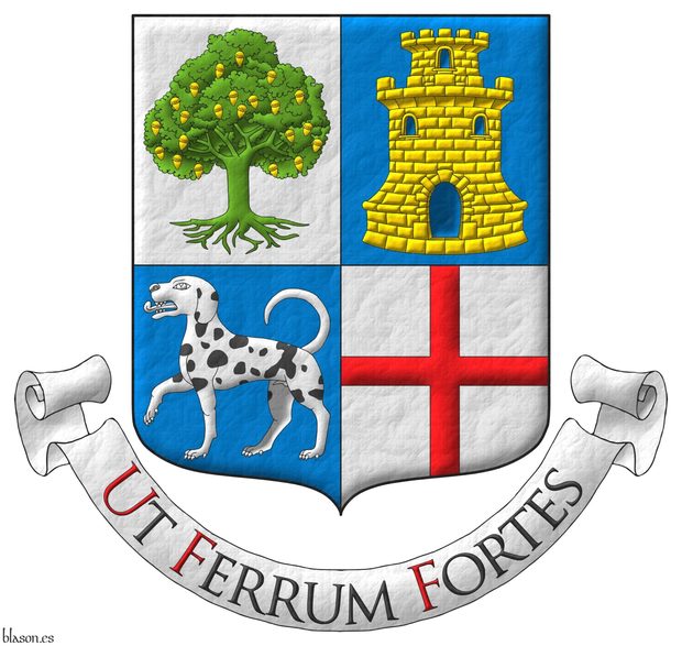 Quarterly: 1 Argent, an oak eradicated Vert, fructed Or; 2 Azure, a tower with a turret Or, port and windows Azure, masoned Sable; 3 Azure, a hound passant Argent, spotted Sable; 4 Argent, a cross Gules. Motto: Ut Ferrum Fortes Sable, with initial letters Gules, over a scroll Argent.