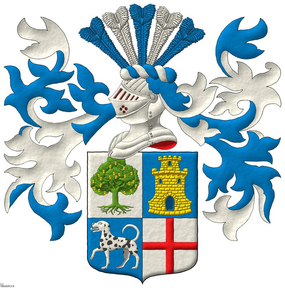 Escudo cuartelado: 1o de plata, una encina arrancada de sinople, frutada de oro, mazonado de sable; 2o de azur, una torre donjonada de oro, aclarada de azur; 3o de azur, un perro pasante de plata, moteado de sable; 4o de plata, una cruz de gules. Timbrado de un yelmo, adornado de dos lambrequines de azur doblados de plata, un burelete de plata y azur, cimado de un penacho de cinco plumas alternadas de azur y plata.