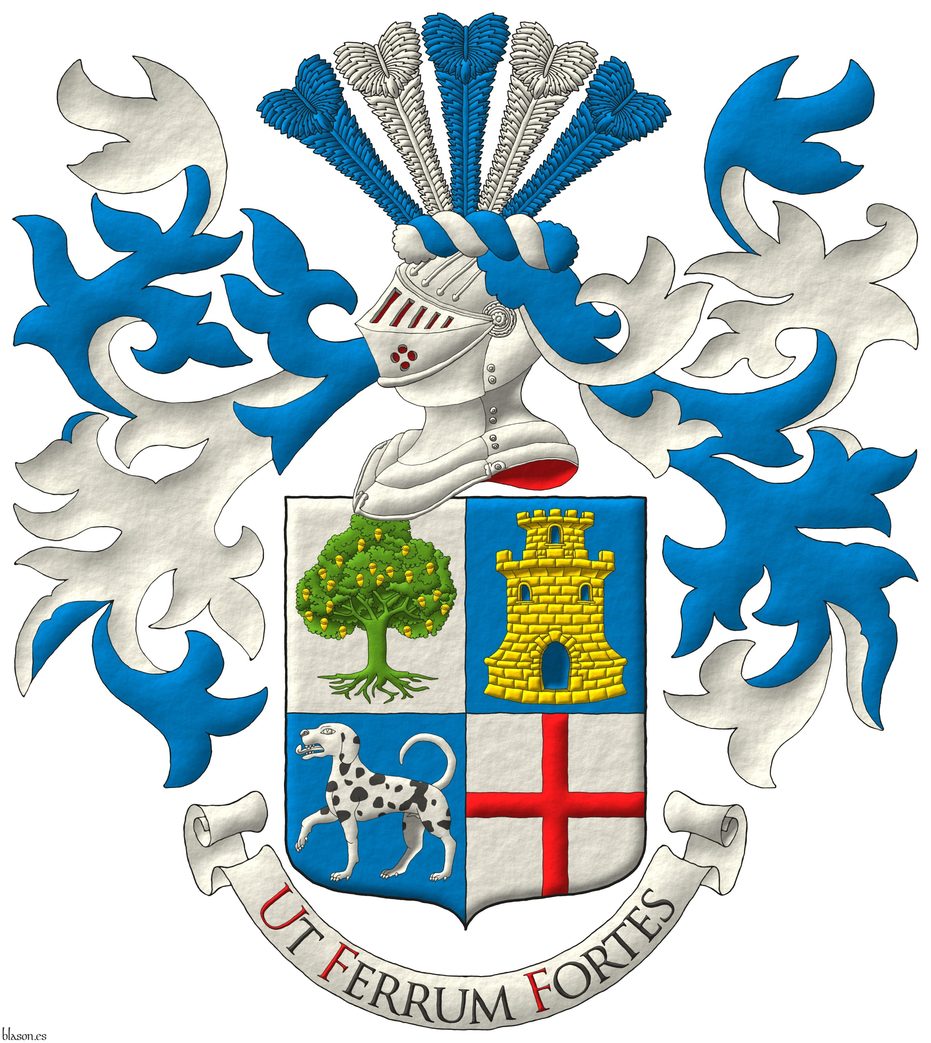 Escudo cuartelado: 1o de plata, una encina arrancada de sinople, frutada de oro, mazonado de sable; 2o de azur, una torre donjonada de oro, aclarada de azur; 3o de azur, un perro pasante de plata, moteado de sable; 4o de plata, una cruz de gules. Timbrado de un yelmo, adornado de dos lambrequines de azur doblados de plata, un burelete de plata y azur, cimado de un penacho de cinco plumas alternadas de azur y plata. Lema: Ut Ferrum Fortes de sable, con letras iniciales de gules, sobre una filacteria de plata.