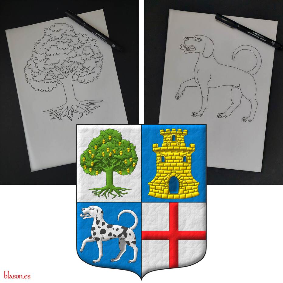 Quarterly: 1 Argent, an oak eradicated Vert, fructed Or; 2 Azure, a tower with a turret Or, port and windows Azure, masoned Sable; 3 Azure, a hound passant Argent, spotted Sable; 4 Argent, a cross Gules.