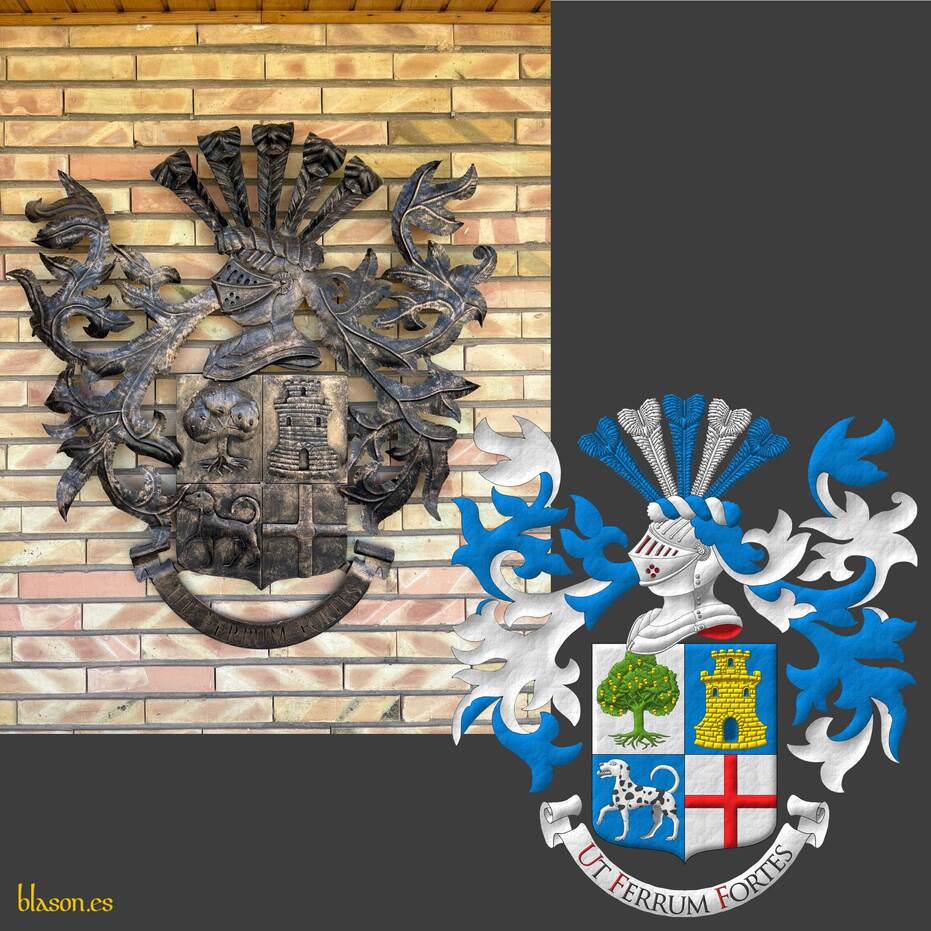 Quarterly: 1 Argent, an oak eradicated Vert, fructed Or; 2 Azure, a tower with a turret Or, port and windows Azure, masoned Sable; 3 Azure, a hound passant Argent, spotted Sable; 4 Argent, a cross Gules. Crest: Upon a helm with a wreath Argent and Azure, five ostrich feathers alternately Azure and Argent. Mantling: Azure doubled Argent. Motto: Ut Ferrum Fortes Sable, with initial letters Gules, over a scroll Argent.