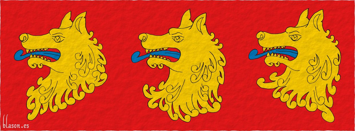 ...tres cabezas de lobo arrancadas en faja de oro, lampasadas de azur...