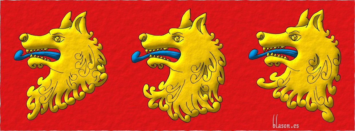 ...tres cabezas de lobo arrancadas en faja de oro, lampasadas de azur...