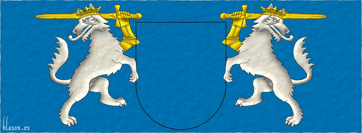 Supporters: Two wolves rampant, regardant Argent, crowned their dexter arms armored, each grasping a sword Or.