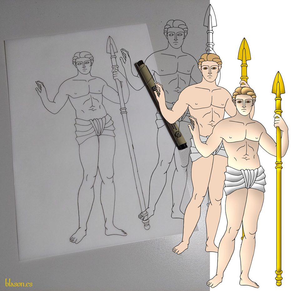 ...soportado a la siniestra de un hombre al natural, con un taparrabos de plata, teniendo en su siniestra una lanza puesta en palo de oro...