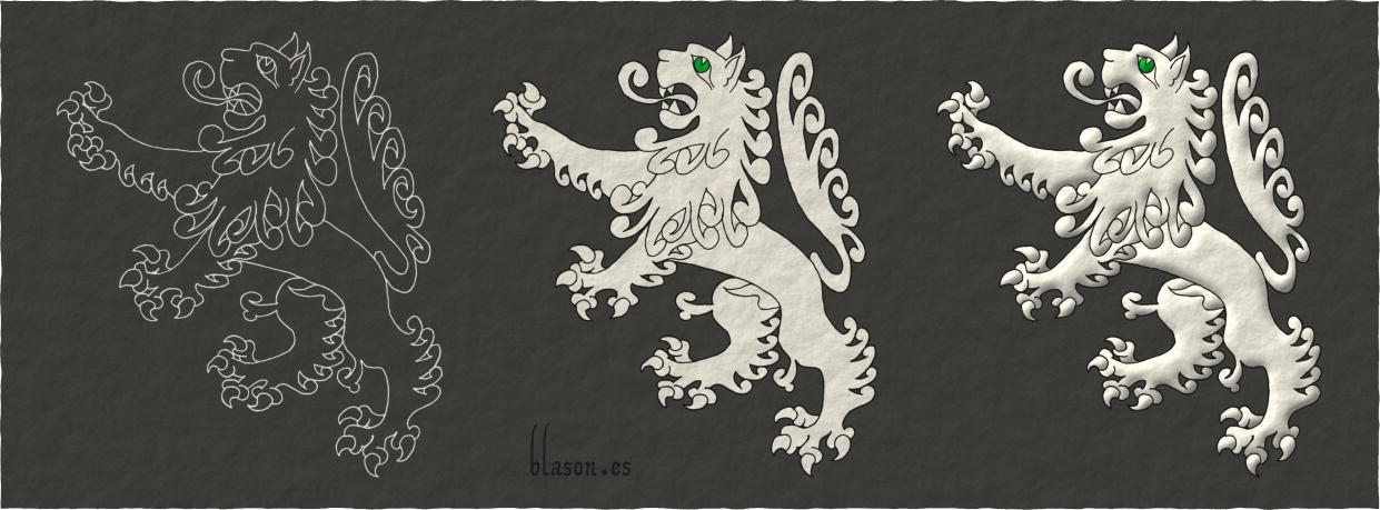 Painting schema of a Lion Argent, rampant, the eyes Vert.