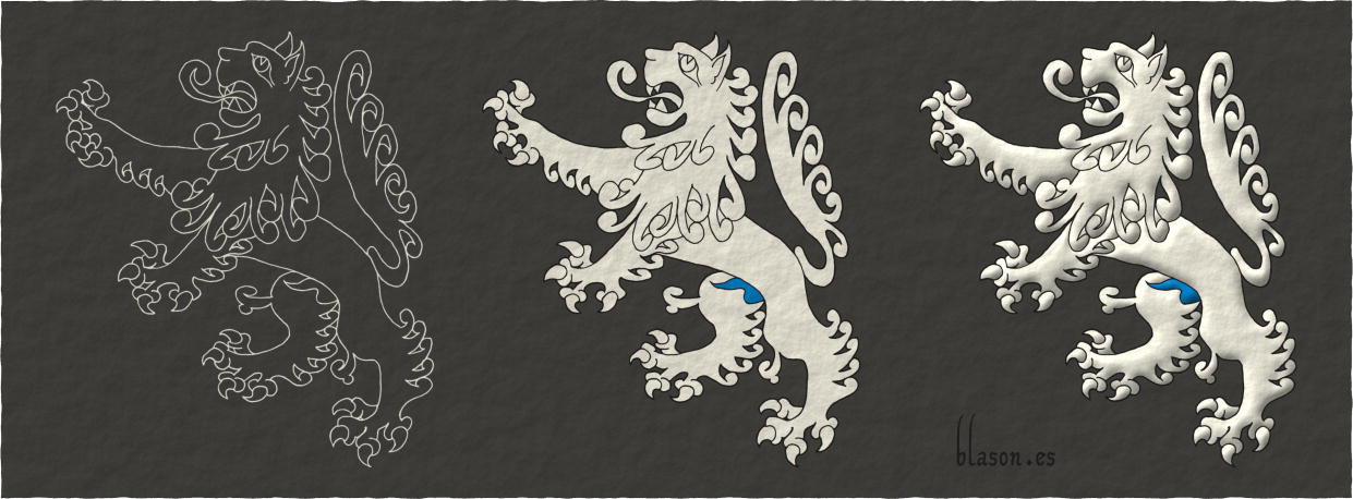 Painting schema of a Lion Argent, rampant, pizzled Azure.