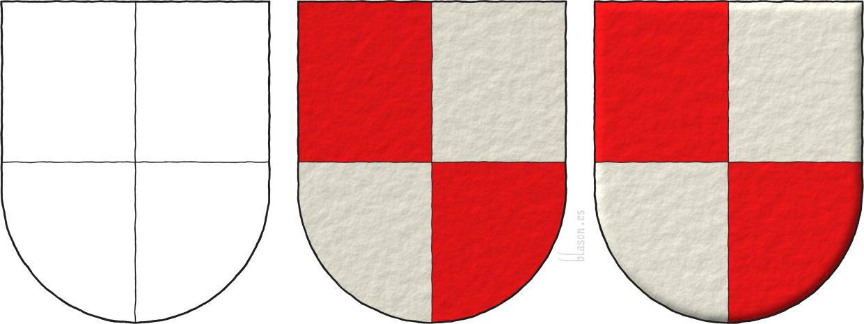 Cuartelado de gules y plata, trazado, tintura e iluminado.