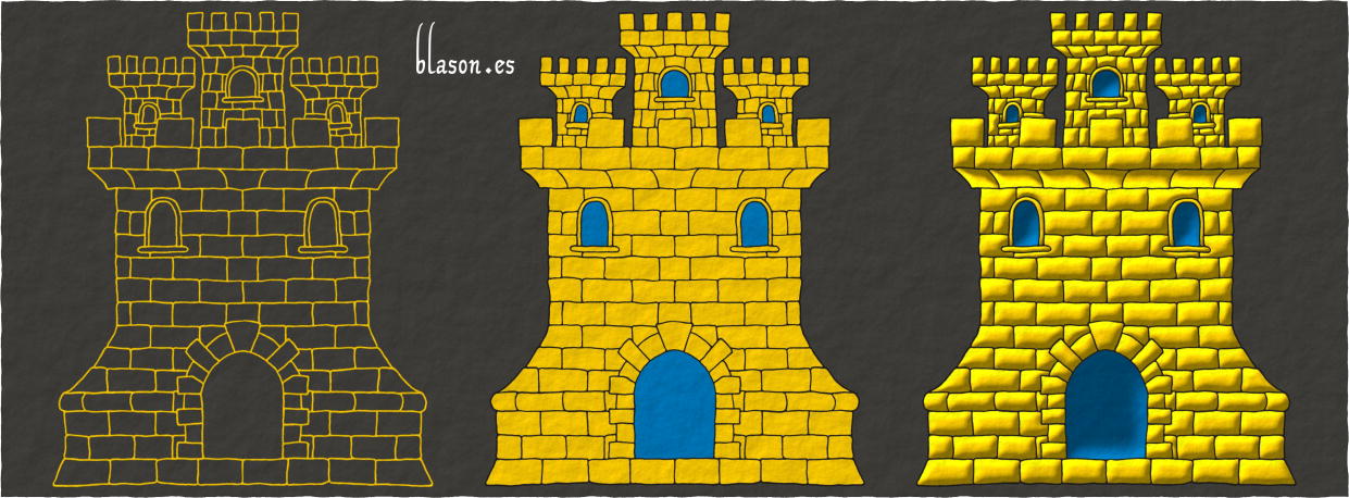 How to paint a Castle Or, triple towered, embattled, port and windows Azure, and masoned Sable.