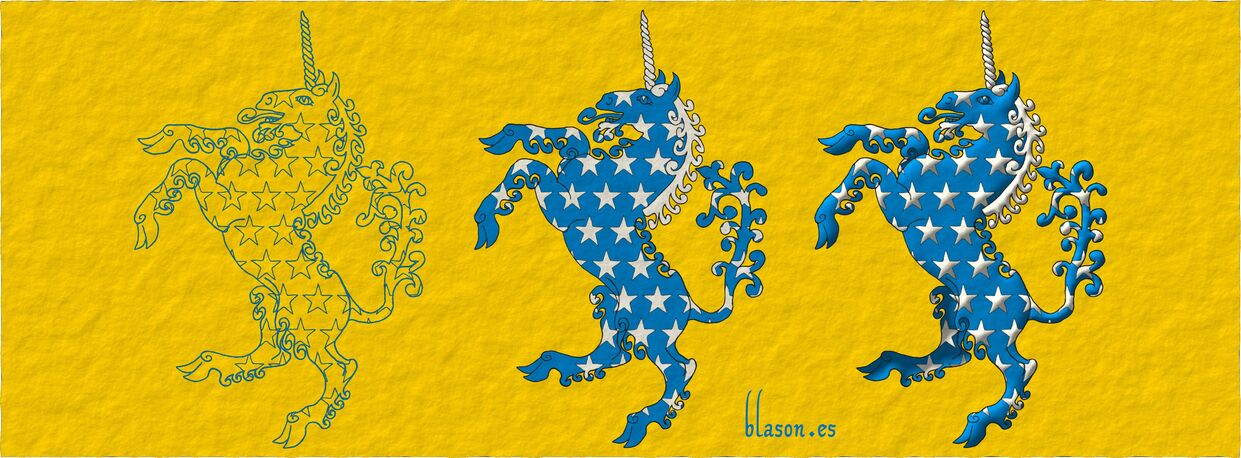 Emblazoned in 3 steps delineation, plain color Azure and metal Argent, and lights and shadows.