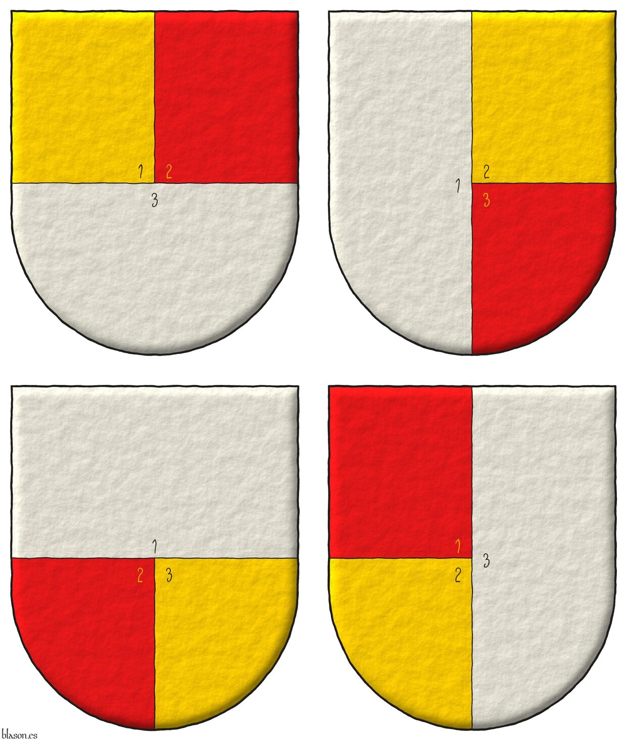 Medio partido y cortado: 1o de oro; 2o de gules; 3o de plata.<br /> Partido y medio cortado: 1o de plata; 2o de oro; 3o de gules.<br /> Cortado y medio partido: 1o de plata; 2o de gules; 3o de oro.<br /> Medio cortado y partido: 1o de gules; 2o de oro; 3o de plata.