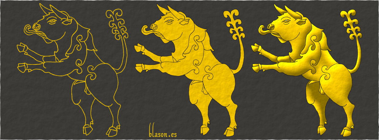 The bull salient, jumping, has its two rear legs on the ground and
        its two front legs raised.