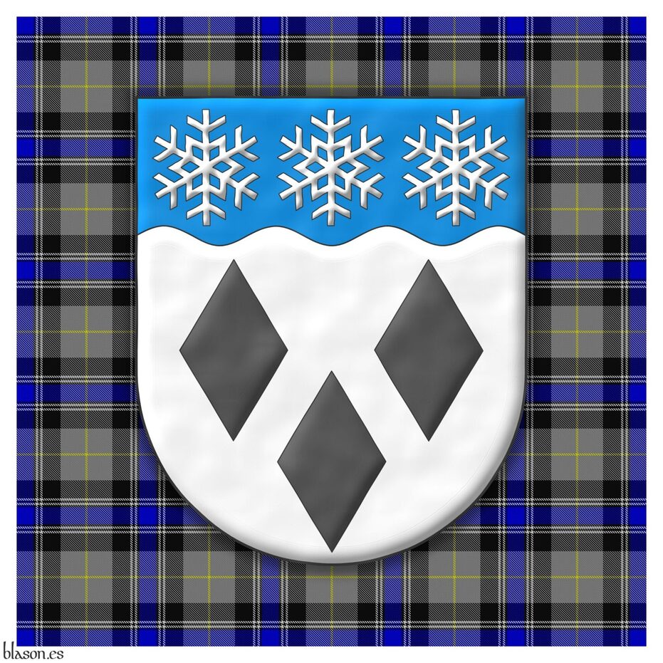 Argent, three lozenges Sable; on a chief wavy Azure, three snowflakes Argent.