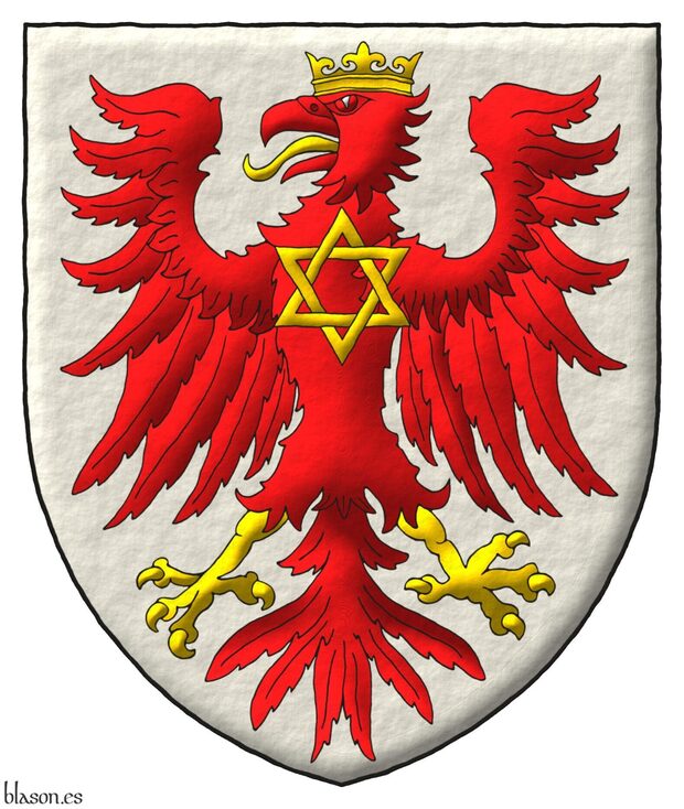 Escudo de plata, un guila de gules, coronada, lampasada, membrada y armada, cargada en su pecho de una estrella de seis puntas, hueca y entrelazada todo de oro.